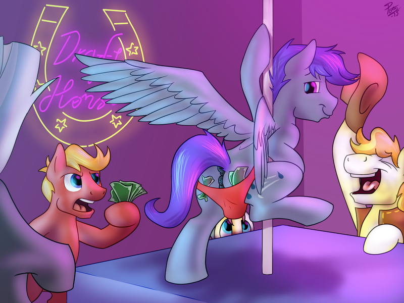 Size: 1600x1200 | Tagged: questionable, artist:potes, derpibooru import, braeburn, caramel, thunderlane, oc, oc:windy dripper, unofficial characters only, earth pony, pegasus, pony, anus, clothes, gay bar, implied gay, male, male stripper, money, nudity, philip j. fry, pole, ponut, presenting, shut up and take my money, simplistic anus, solo, solo male, stallion, strip club, stripper, stripper pole, stripping, underwear
