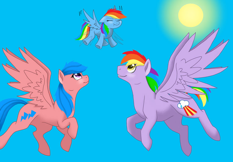 Size: 800x557 | Tagged: safe, artist:colourstrike, derpibooru import, firefly, rainbow blaze, rainbow dash, pegasus, pony, cute, dashabetes, family, father and child, father and daughter, female, filly, filly rainbow dash, fireblaze, firefly as rainbow dash's mom, first flight, flying, foal, g1, g1 to g4, g4, generation leap, male, mare, mother and child, mother and daughter, stallion