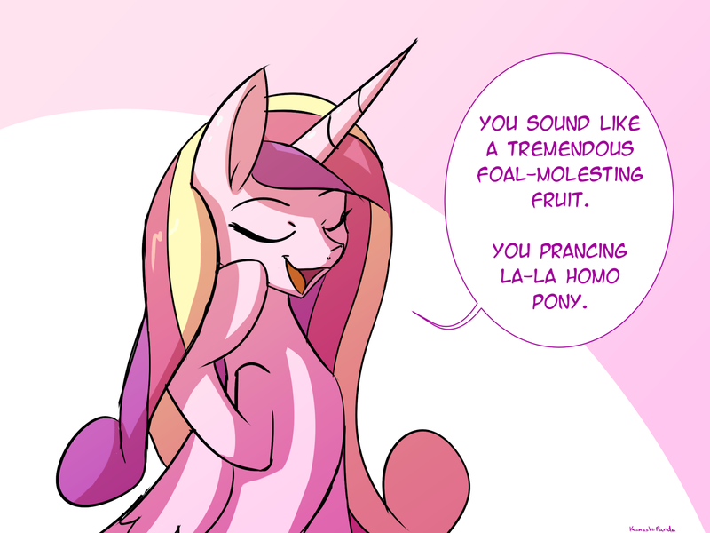 Size: 1800x1350 | Tagged: alicorn, artist:kanashiipanda, derpibooru import, dialogue, eyes closed, female, hentai quotes, insult, mare, missing accessory, open mouth, princess cadance, raised hoof, sitting, smiling, solo, speech bubble, suggestive, vulgar