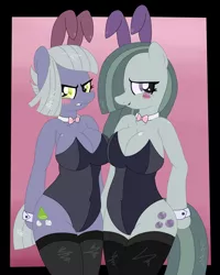 Size: 2800x3500 | Tagged: suggestive, artist:an-tonio, artist:krazykari, derpibooru import, limestone pie, marble pie, anthro, arm hooves, blushing, breasts, bunny ears, bunny suit, busty limestone pie, busty marble pie, cleavage, clothes, colored, female, females only, image, leotard, limetsun pie, playboy bunny, playboy bunny limestone pie, playboy bunny marble pie, png, socks, stockings, stupid sexy marble pie, thigh highs, tsundere