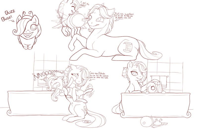 Size: 3000x2000 | Tagged: animal costume, artist:evehly, bath, bathtub, bee, bee costume, clothes, costume, cute, derpibooru import, dialogue, father, filly fluttershy, flutterbee, fluttershy, monochrome, mother, oc, parent, safe, shyabetes, towel, weapons-grade cute, younger