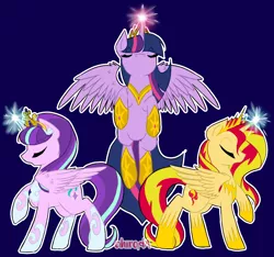 Size: 1602x1500 | Tagged: safe, artist:cihiiro, derpibooru import, starlight glimmer, sunset shimmer, twilight sparkle, twilight sparkle (alicorn), alicorn, pony, alicornified, alicorns only, backwards cutie mark, counterparts, eyes closed, flying, glowing horn, magic, magical trio, open mouth, race swap, raised hoof, shimmercorn, spread wings, starlicorn, tiara, twilight's counterparts, xk-class end-of-the-world scenario