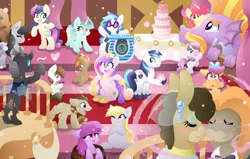 Size: 1600x1018 | Tagged: safe, artist:hungrysohma, derpibooru import, apple bloom, berry punch, berryshine, bon bon, button mash, cranky doodle donkey, derpy hooves, doctor whooves, kevin (changeling), lyra heartstrings, matilda, octavia melody, pipsqueak, princess cadance, scootaloo, shining armor, steven magnet, sweetie belle, sweetie drops, time turner, vinyl scratch, alicorn, changeling, donkey, earth pony, pegasus, pony, unicorn, slice of life (episode), adorabon, berrybetes, blushing, buttonbetes, cake, crankilda, crankybetes, cute, cutedance, cuteling, cutie mark crusaders, doctorbetes, female, floating heart, food, heart, liquid button, lyrabetes, magnetbetes, male, matildadorable, shining adorable, shiningcadance, shipping, shrunken pupils, squeakabetes, starry eyes, straight, vinylbetes, wall of tags, wingding eyes