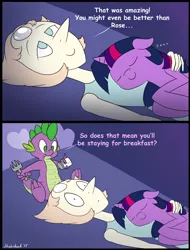 Size: 1415x1858 | Tagged: suggestive, artist:strebiskunk, derpibooru import, spike, twilight sparkle, alicorn, dragon, pony, aftersex, comic, crossover, female, food, fork, implied sex, lesbian, pearl (steven universe), salt, sleeping, spike and the crystal gems, steven universe, this will end in tears, twipearl, zzz