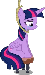 Size: 3997x6680 | Tagged: semi-grimdark, artist:twilights-secret, derpibooru import, edit, twilight sparkle, twilight sparkle (alicorn), alicorn, pony, absurd resolution, crying, depressing, downvote bait, female, frown, hanging (by neck), hanging fetish, imminent death, immortality blues, mare, noose, sad, simple background, sitting, solo, suicide, this will end in tears and/or death, transparent background, vector