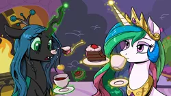 Size: 2400x1350 | Tagged: safe, artist:latecustomer, derpibooru import, princess celestia, queen chrysalis, alicorn, changeling, changeling queen, pony, cake, cakelestia, female, food, implied shipping, levitation, magic, mare, tea, teacup, teasing, telekinesis