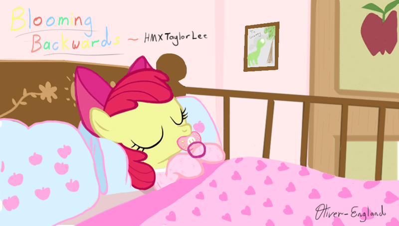 Size: 938x532 | Tagged: adorabloom, apple bloom, artist:oliver-england, blooming backwards, clothes, crib, cute, dead source, derpibooru import, fanfic art, footed sleeper, onesie, pacifier, pajamas, safe, sleeping, solo