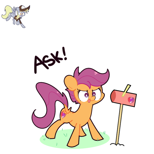 Size: 1280x1280 | Tagged: safe, artist:turtlefarminguy, derpibooru import, derpy hooves, scootaloo, pegasus, pony, crusaders of the lost mark, :p, ask, cutie mark, determination, female, filly, flying, mailbox, mare, scootaloo responds, smiling, smirk, spread wings, the cmc's cutie marks, tongue out, tumblr