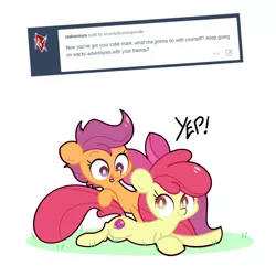 Size: 1280x1280 | Tagged: safe, artist:turtlefarminguy, derpibooru import, apple bloom, scootaloo, earth pony, pegasus, pony, crusaders of the lost mark, ask, cutie mark, female, filly, looking back, scootaloo responds, the cmc's cutie marks, tumblr