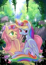 Size: 1000x1414 | Tagged: artist:caibaoreturn, derpibooru import, duo, duo female, female, floral head wreath, fluttershy, part of a set, rainbow dash, safe, seasons, spring, tsunderainbow, tsundere