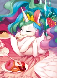 Size: 800x1098 | Tagged: safe, artist:ciciya, derpibooru import, part of a set, princess celestia, alicorn, pony, bread, cute, cutelestia, donut, eating, eyes closed, female, flan, food, happy, ice cream, image, jpeg, mare, nom, pixiv, pudding, solo, summer