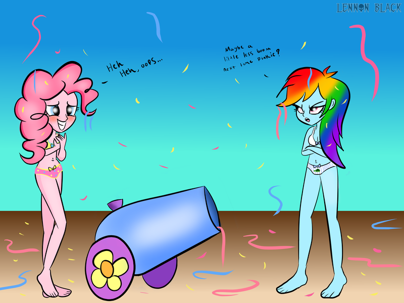 Size: 2000x1500 | Tagged: suggestive, artist:lennonblack, derpibooru import, pinkie pie, rainbow dash, equestria girls, belly button, blushing, bra, breasts, cleavage, clothes, crop top bra, dialogue, embarrassed, embarrassed underwear exposure, female, females only, panties, party cannon, pink underwear, polka dot underwear, ribbon, striped underwear, underwear, wardrobe malfunction, white underwear, yellow underwear