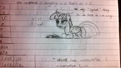 Size: 3264x1836 | Tagged: safe, artist:ncmares, derpibooru import, twilight sparkle, twilight sparkle (alicorn), alicorn, pony, female, lined paper, mare, math, monochrome, photo, prone, set theory, sketch, traditional art