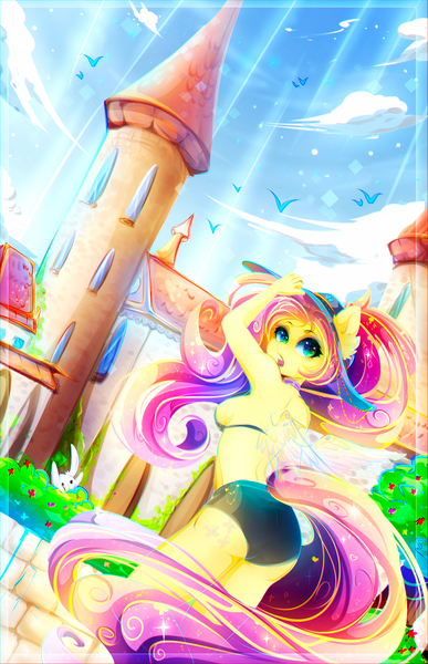 Size: 1822x2822 | Tagged: angel bunny, anthro, armpits, artist:koveliana, bikini, chromatic aberration, clothes, color porn, derpibooru import, fluttershy, hat, safe, solo, stupid sexy fluttershy, summer, swimsuit, transparent wings