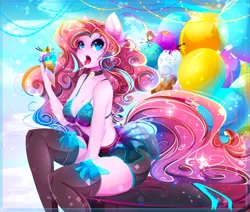 Size: 2622x2222 | Tagged: anthro, artist:koveliana, balloon, bikini, breasts, busty pinkie pie, choker, chromatic aberration, cleavage, clothes, color porn, derpibooru import, drool, drool string, female, food, ice cream, ice cream cone, pinkie pie, solo, solo female, stockings, suggestive, swimsuit