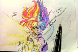 Size: 1280x853 | Tagged: safe, artist:aizy-boy, derpibooru import, sci-twi, sunset shimmer, twilight sparkle, equestria girls, friendship games, cleavage, daydream shimmer, duality, female, midnight sparkle, pen, traditional art