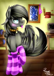 Size: 752x1063 | Tagged: suggestive, artist:julunis14, derpibooru import, princess luna, oc, oc:shadow, pegasus, pony, blue eyes, blushing, clothes, collar, male, panties, socks, solo, solo male, striped socks, tongue out, trap, underwear