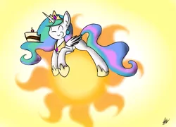 Size: 1000x720 | Tagged: safe, artist:sketchypencil326, derpibooru import, princess celestia, cake, cakelestia, cute, cutelestia, cutie mark, eyes closed, food, prone, solo, sun, tangible heavenly object