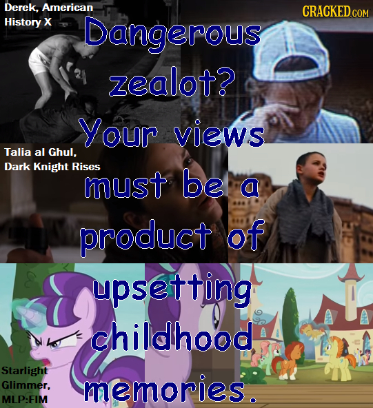 Size: 541x592 | Tagged: american history x, blue text, cliche, cracked.com, dark knight, derpibooru import, safe, starlight glimmer, stereotype, talia al ghul, text, the cutie re-mark