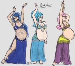 Size: 1135x990 | Tagged: allie way, armpits, artist:a0iisa, barefoot, belly, belly dancer, derpibooru import, feet, female, females only, gray background, human, humanized, looking at you, pregnant, princess cadance, princess luna, simple background, smiling, suggestive