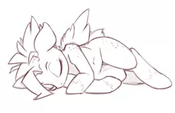 Size: 1280x822 | Tagged: safe, artist:qweeli, derpibooru import, oc, oc:ruby rustfeather, unofficial characters only, pegasus, pony, butt freckles, eyes closed, female, freckles, monochrome, shoulder freckles, side, sketch, sleeping, solo