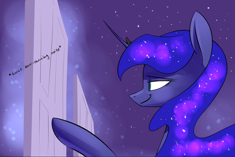 Size: 1280x856 | Tagged: derpibooru import, door, just another luna blog, princess luna, safe, smiling, solo