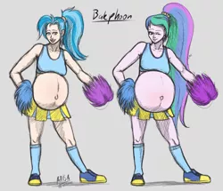 Size: 964x828 | Tagged: suggestive, artist:a0iisa, derpibooru import, allie way, princess celestia, equestria girls, cheerleader, clothes, female, females only, humanized, preglestia, pregnant, principal celestia, shoes, sneakers