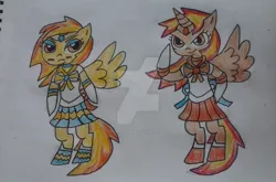 Size: 1024x675 | Tagged: safe, artist:tobiisabunny, derpibooru import, spitfire, oc, oc:daybreak flare, alicorn, pony, semi-anthro, alicorn oc, blushing, sailor moon, sailor scout, sailor uniform, traditional art, watermark