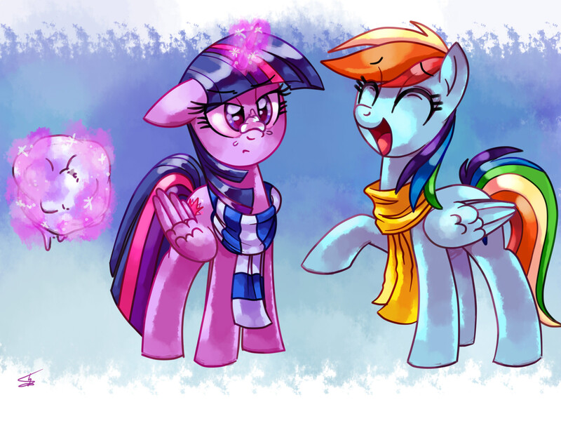 Size: 2000x1500 | Tagged: dead source, safe, artist:lightof-dawn, derpibooru import, rainbow dash, twilight sparkle, twilight sparkle (alicorn), alicorn, pony, clothes, female, laughing, mare, scarf, snow, snowball, style emulation, twilight is not amused, unamused, whitediamonds-ish