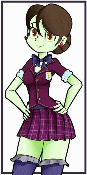 Size: 640x1278 | Tagged: safe, artist:ohohokapi, deleted from derpibooru, derpibooru import, sophisticata, equestria girls, background human, clothes, crystal prep academy uniform, ear piercing, earring, female, hand on hip, jewelry, looking at you, piercing, school uniform, skirt, socks, solo, thigh highs, zettai ryouiki