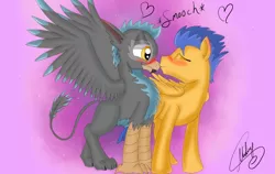 Size: 1024x648 | Tagged: safe, artist:xxmarkingxx, derpibooru import, flash sentry, oc, oc:blackgryph0n, gryphon, blackgryph0n, blushing, canon x oc, crack shipping, cute, flashgryph0n, gay, kissing, male, photo, shipping, sound effects, vincent tong, wat