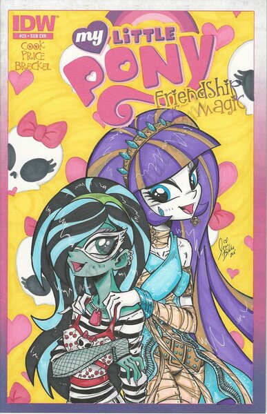 Size: 1024x1586 | Tagged: artist:ponygoddess, cleo de nile, comic cover, crossover, derpibooru import, ghoulia yelps, hair over one eye, monster high, oc, oc:sappho, rarity, safe