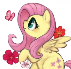 Size: 560x546 | Tagged: artist:kei05, butterfly, derpibooru import, flower, fluttershy, raised hoof, safe, simple background, solo