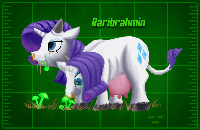 Size: 943x612 | Tagged: artist:quakehoof, brahmin, cow, cow horns, cowified, cow pony, crossover, cute, derpibooru import, eating, fallout, grass, grazing, lidded eyes, multiple heads, mushroom, mutant, nose ring, piercing, raricow, rarity, safe, species swap, :t, two heads, udder, wat, what has science done