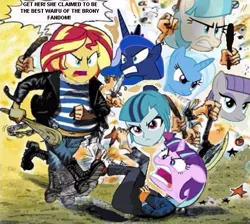 Size: 525x471 | Tagged: safe, artist:cafakero, derpibooru import, coco pommel, maud pie, princess luna, sonata dusk, starlight glimmer, sunset shimmer, trixie, equestria girls, fight, meme, parody, waifu, waifu wars