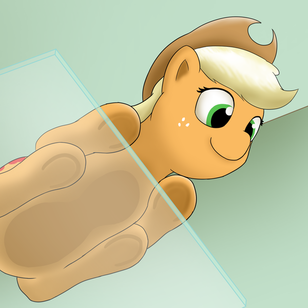 Size: 1280x1280 | Tagged: safe, artist:mkogwheel, derpibooru import, applejack, against glass, cute, glass, glass table, jackabetes, looking down, ponyloaf, prone, smiling, solo, underhoof