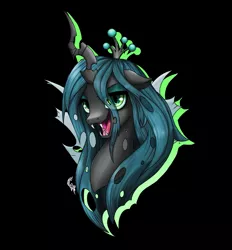 Size: 1263x1360 | Tagged: artist:calyartist, bust, changeling, changeling queen, dead source, derpibooru import, fangs, female, hair over one eye, open mouth, portrait, queen chrysalis, safe, solo