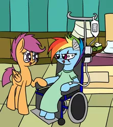 Size: 1600x1800 | Tagged: alternate timeline, amputee, apocalypse dash, artist:yourfavoritelove, bandage, crystal war timeline, derpibooru import, hospital, hospital gown, rainbow dash, safe, scootaloo, wheelchair