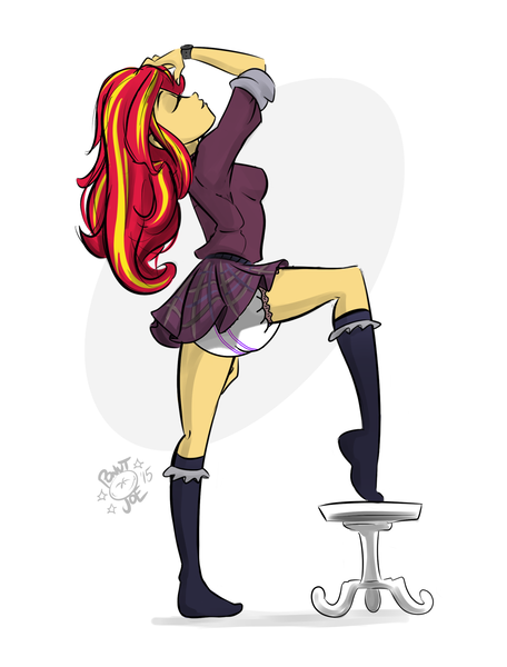 Size: 1280x1684 | Tagged: questionable, artist:ponut_joe edit, derpibooru import, edit, editor:thunderdasher07, sunset shimmer, equestria girls, clothes, crystal prep academy uniform, diaper, diaper edit, diaper fetish, eyes closed, female, missing shoes, poofy diaper, raised leg, school uniform, skirt, smiling, socks, solo, solo female, stool, upskirt, watch