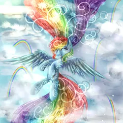 Size: 1000x1000 | Tagged: safe, artist:karmamoonshadow, derpibooru import, rainbow dash, pegasus, pony, cloud, eyes closed, flying, rainbow, smiling, solo