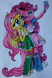 Size: 532x800 | Tagged: safe, artist:ilovedarkhegehogs14, derpibooru import, fluttershy, pinkie pie, anthro, equestria girls, acrylic painting, boots, clothes, equestria girls outfit, request, selfie, skirt, socks, sonic the hedgehog (series), sonicified, tanktop, traditional art