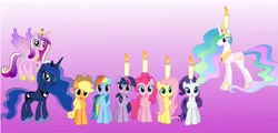 Size: 1497x716 | Tagged: safe, derpibooru import, applejack, fluttershy, pinkie pie, princess cadance, princess celestia, princess luna, rainbow dash, rarity, twilight sparkle, twilight sparkle (alicorn), alicorn, pony, candle, female, hanukkah, line-up, mane six, mare, menorah, simple background