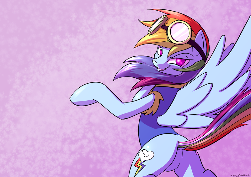 Size: 1700x1200 | Tagged: suggestive, artist:kanashiipanda, derpibooru import, rainbow dash, pony, bipedal, featureless crotch, female, goggles, grin, looking at you, looking back, plot, solo, spread wings, wonderbolts uniform