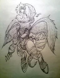 Size: 2297x2980 | Tagged: safe, artist:tamikimaru, derpibooru import, oc, oc:morning dewelynn, unofficial characters only, pegasus, pony, clothes, cosplay, costume, monochrome, nintendo, sheik, solo, the legend of zelda, traditional art