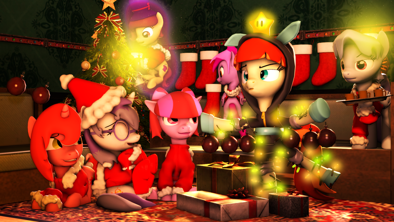 Size: 1920x1080 | Tagged: 3d, artist:sourcerabbit, christmas, derpibooru import, oc, oc:beamlight, oc:film flick, oc:glass sight, oc:rose valentine, oc:ruby brush, oc:star wand, oc:tailmix, safe, unofficial characters only