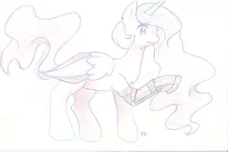 Size: 1695x1130 | Tagged: amputee, artificial hoof, artist:pekou, concerned, derpibooru import, fanfic art, lost to the sands, princess celestia, safe, solo, traditional art