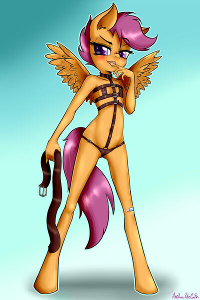Size: 2000x3000 | Tagged: questionable, artist:anibaruthecat, derpibooru import, scootaloo, anthro, belt, blushing, breasts, cameltoe, clothes, delicious flat chest, female, foalcon, foaldom, licking, looking at you, nudity, panties, patch, scootadom, scootaflat, solo, solo female, straps, tongue out, underwear