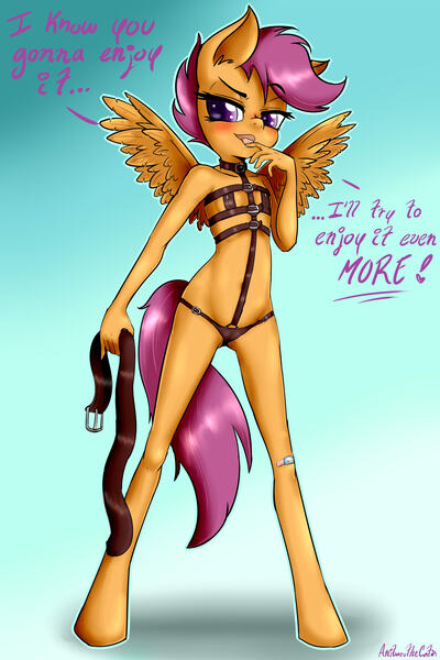 Size: 2000x3000 | Tagged: questionable, artist:anibaruthecat, derpibooru import, scootaloo, anthro, belt, blushing, breasts, cameltoe, clothes, delicious flat chest, dialogue, female, foalcon, foaldom, harness, leather, licking, looking at you, panties, scootadom, scootaflat, solo, solo female, straps, tongue out, underwear