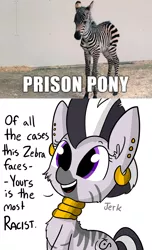 Size: 806x1330 | Tagged: safe, artist:tjpones, derpibooru import, oc, unofficial characters only, zebra, crossing the line twice, drama, ear piercing, imgur, open mouth, piercing, racism, rhyme, smiling, solo