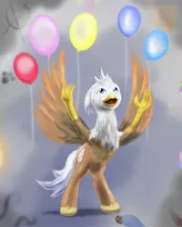 Size: 1024x1280 | Tagged: safe, artist:kwendynew, derpibooru import, oc, oc:silver quill, unofficial characters only, classical hippogriff, gryphon, hippogriff, balloon, continuity, male, non-pony oc, solo